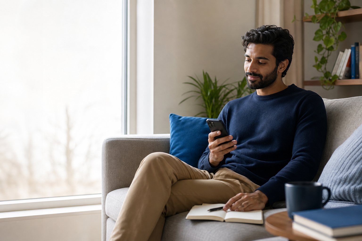 A learner comfortably studying vocabulary on a phone at home
