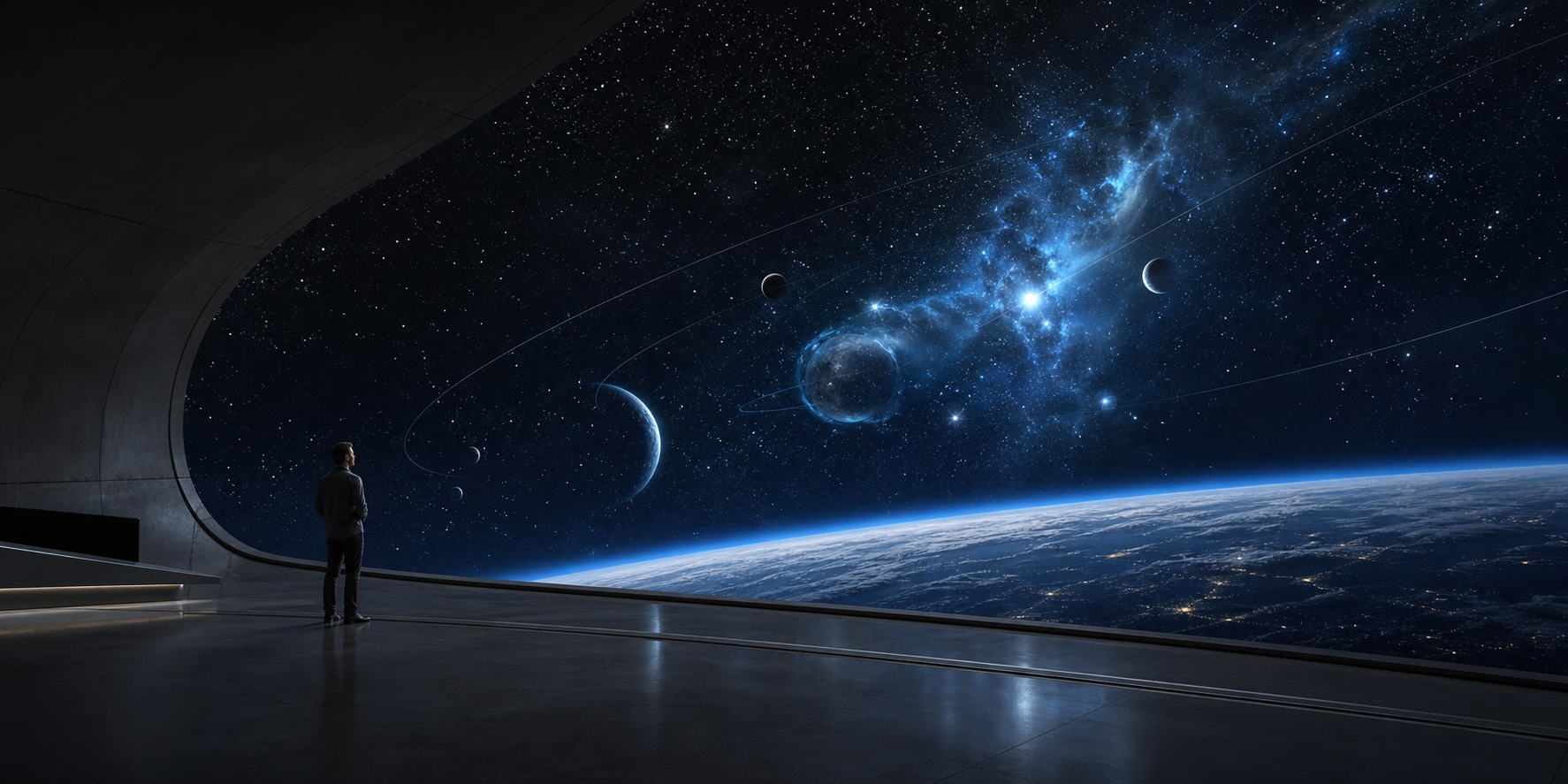 A person looking toward distant planets from a modern observatory