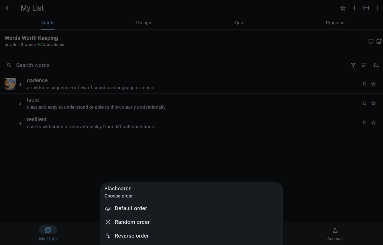 Vocab Depot flashcard settings panel with default, random, and reverse order choices