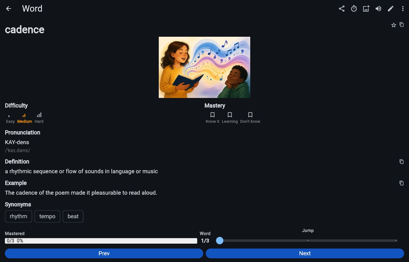 Vocab Depot word detail with an AI-generated illustration for cadence