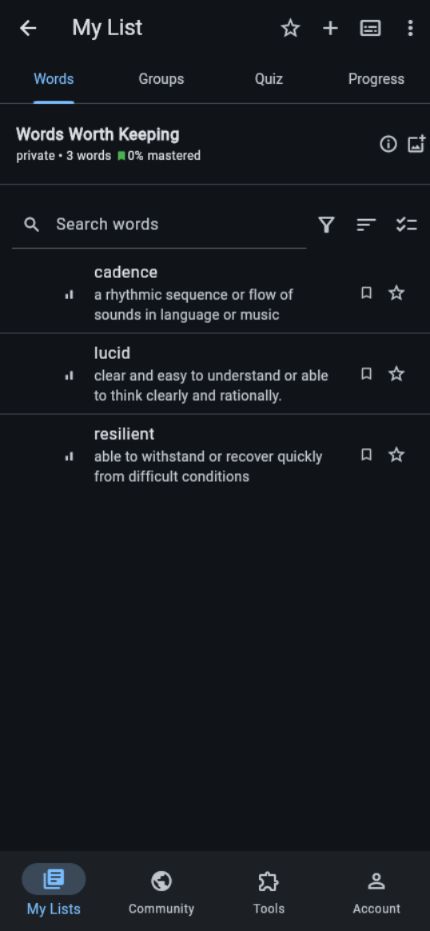 Vocab Depot words list mobile view